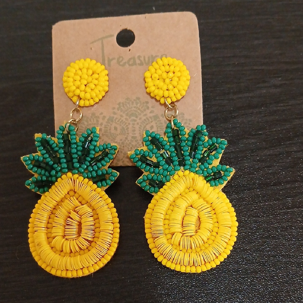Yellow and Green Beaded Pineapple Earrings